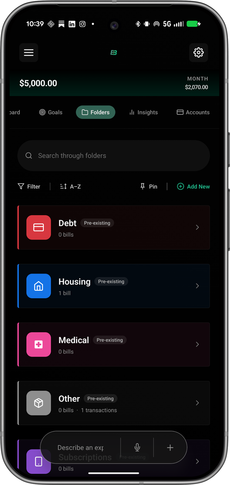 BudgetBuddi bill tracking screen